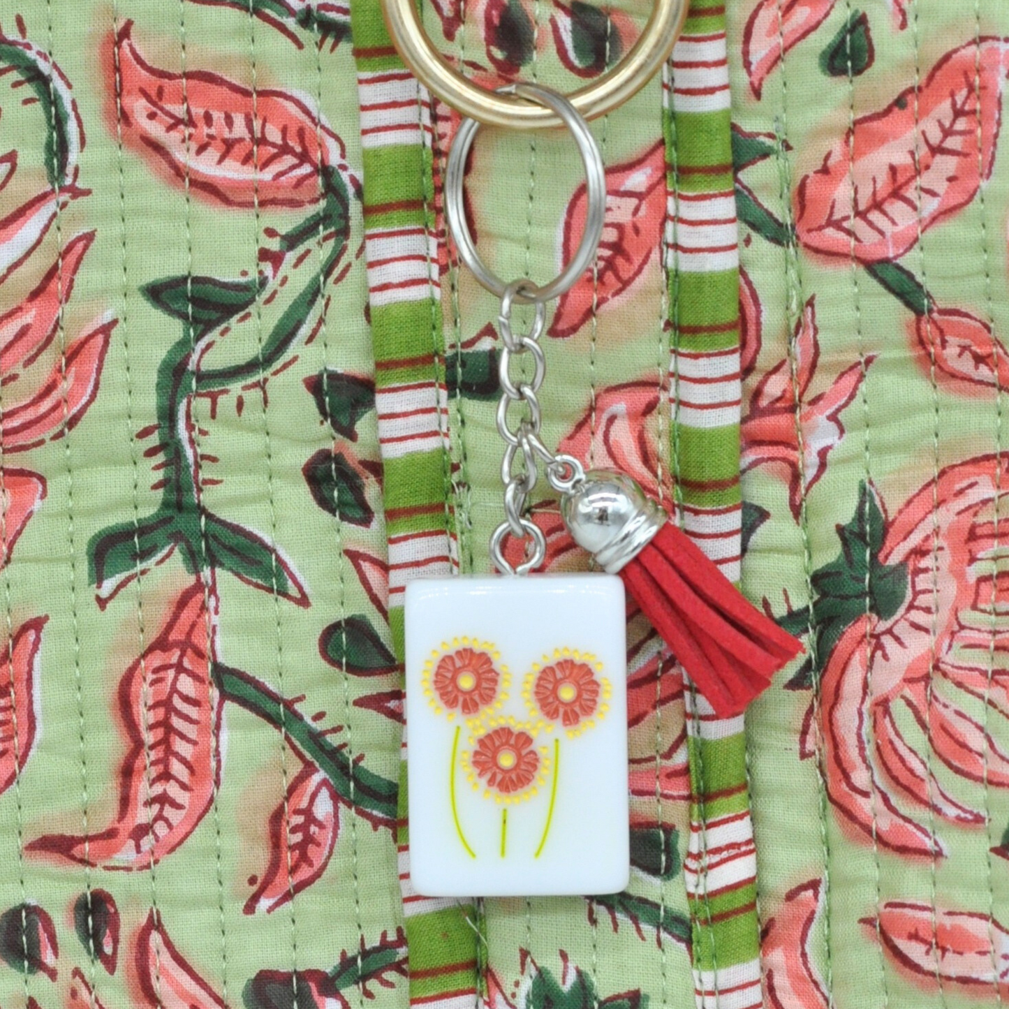 Mahjong Tile Keychain Red and Yellow Flower