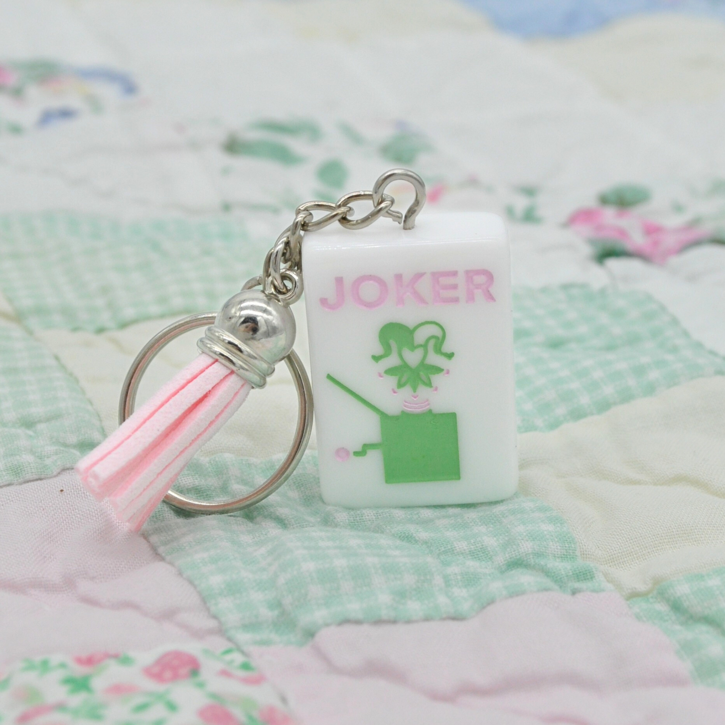 Mahjong Tile Keychain Pink and Green Joker