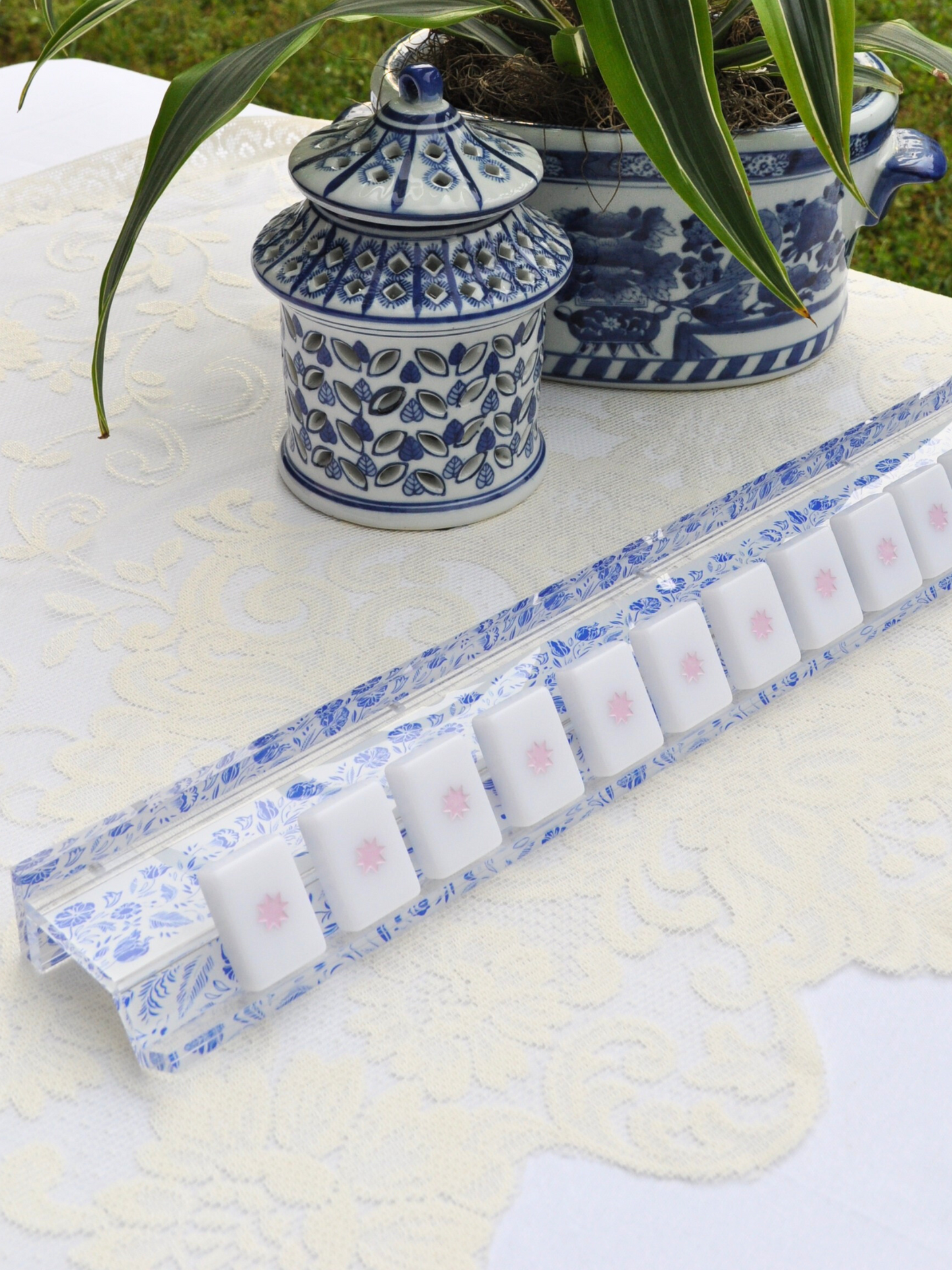 Scratch & Dent Blue and White Chinoiserie Mahjong Rack and Pusher, Set of 4