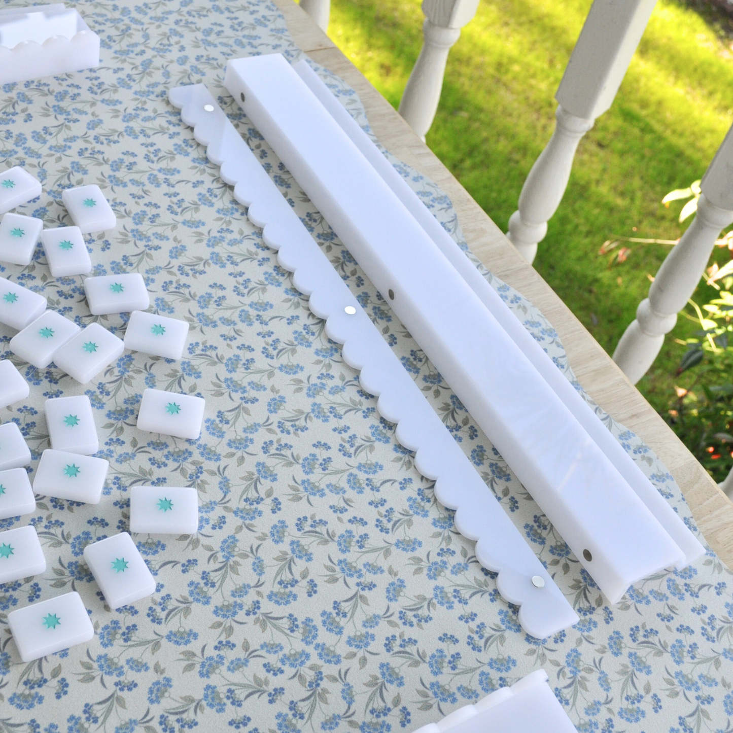 Milk Glass Collection Mahjong Rack and Pusher, Set of 4