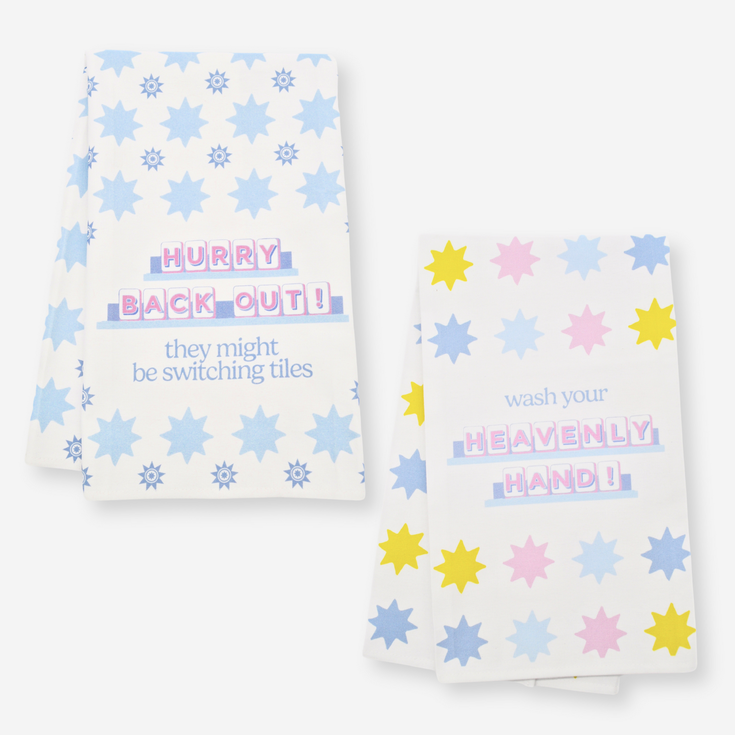 "Hurry Back Out!" and "Heavenly Hand" Cotton Tea Towel Set