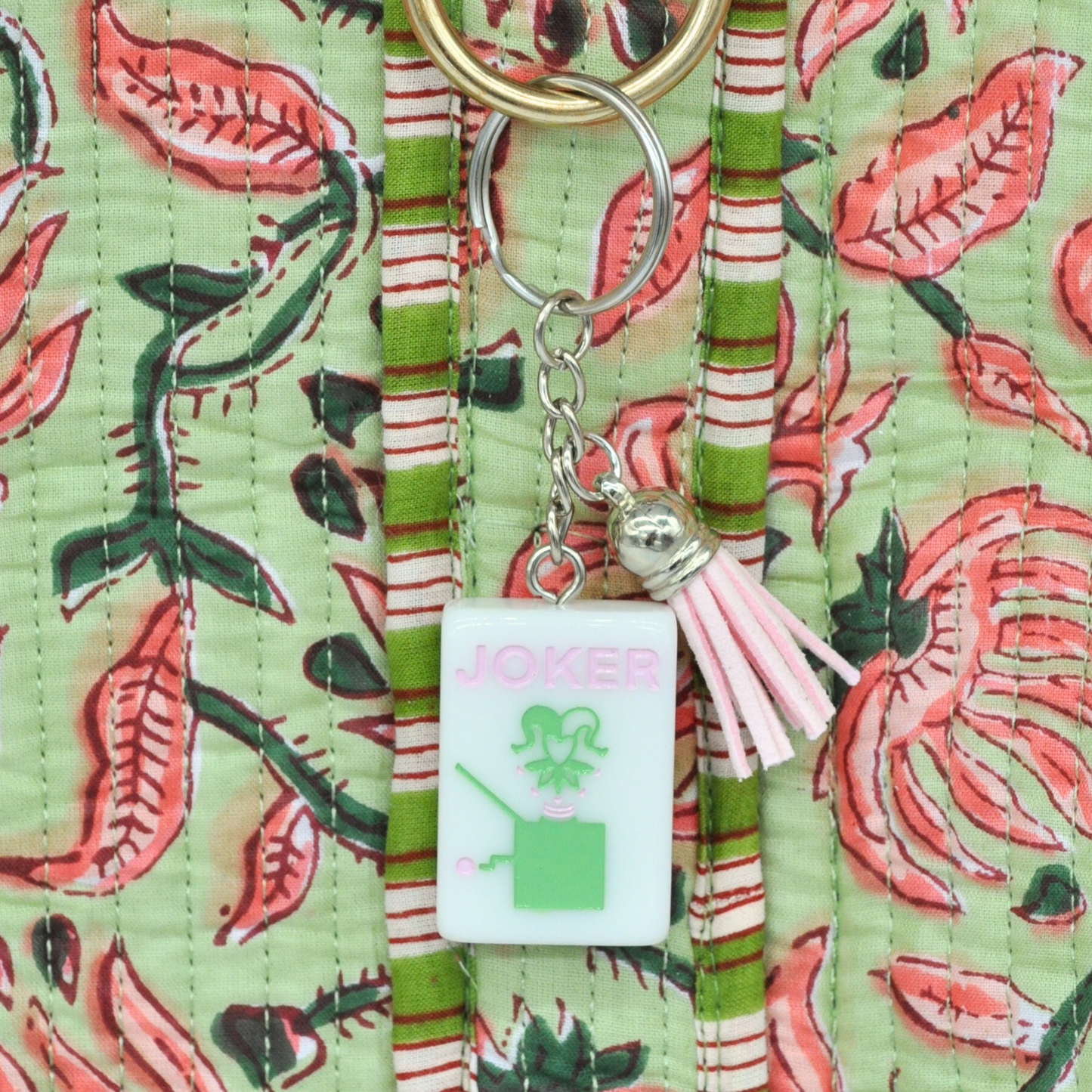 Mahjong Tile Keychain Pink and Green Joker