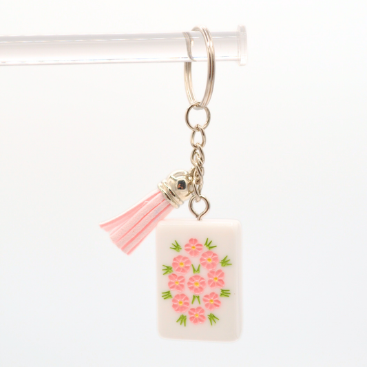Mahjong Tile Keychain Pink Flowers