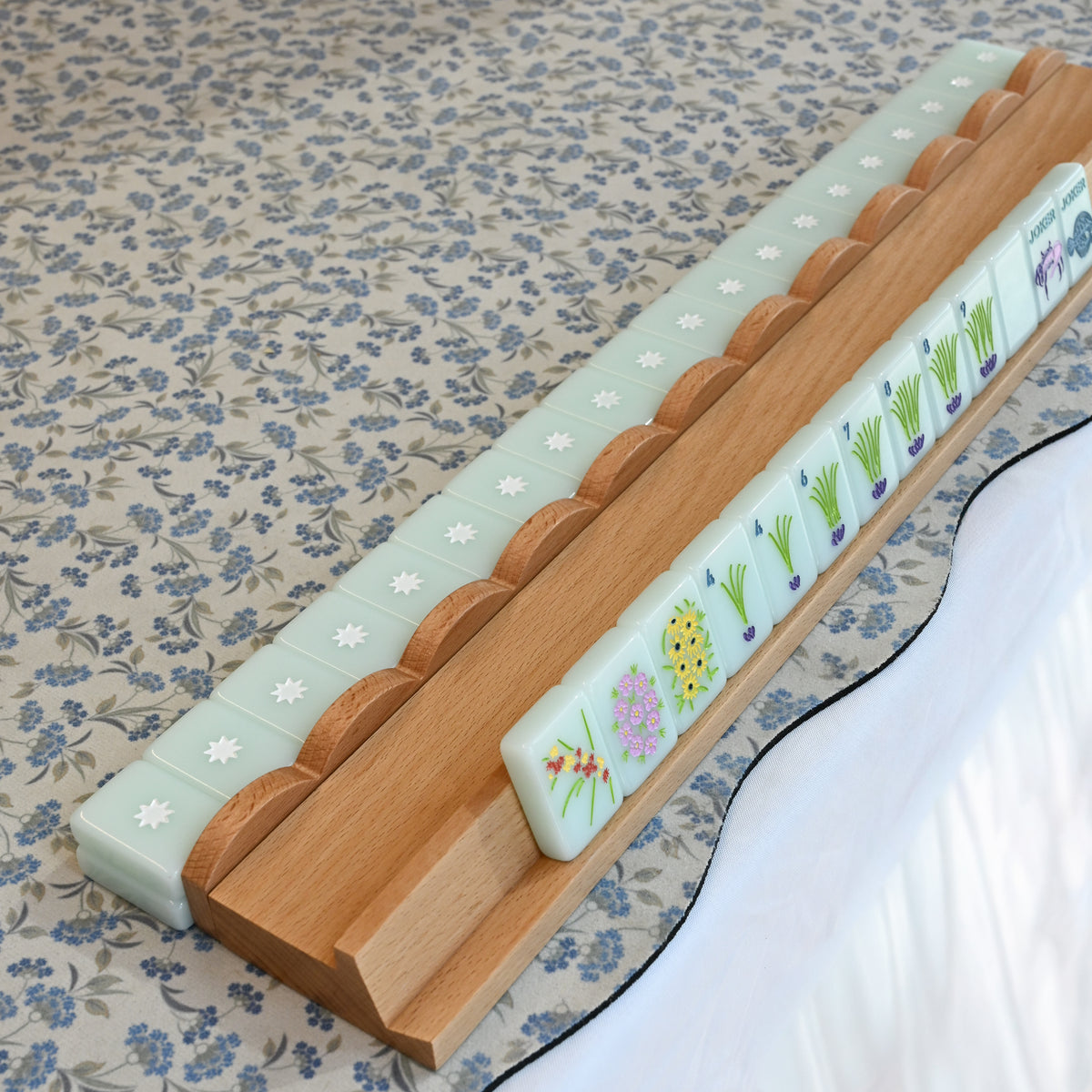 Golden Grain Beechwood Mahjong Rack and Pusher, Set of 4