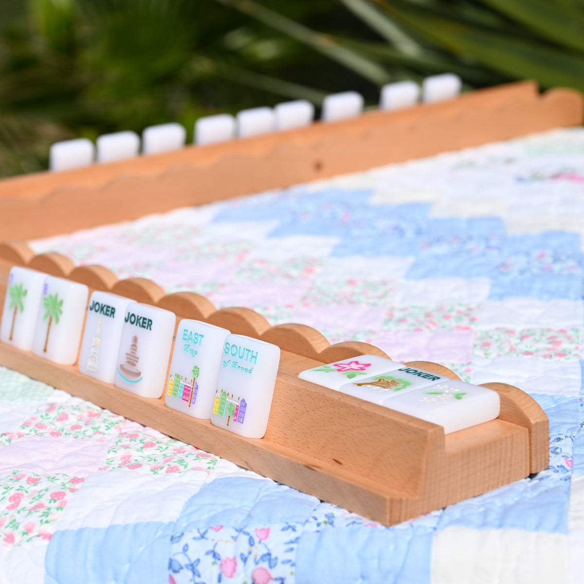 Golden Grain Beechwood Mahjong Rack and Pusher, Set of 4